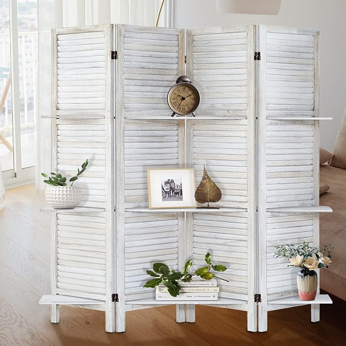 Room Divider with Shelves, 4 Panel Distressed White | Partition Room Dividers by AMBITION+LAND