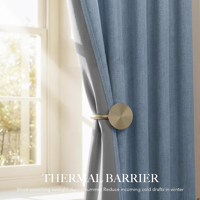 RYB HOME Smoky Blue 100% Blackout Linen Curtains 102 Inch Long - Image 3