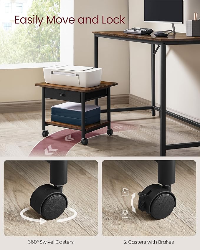 VASAGLE Heavy-Duty Printer Stand with Locking Wheels, 2-Tier with Drawer Industrial Mobile Cart with Storage Shelf, Printer Table for Home, Office, 15.6" Height, Rustic Brown and Black UOPS004B01