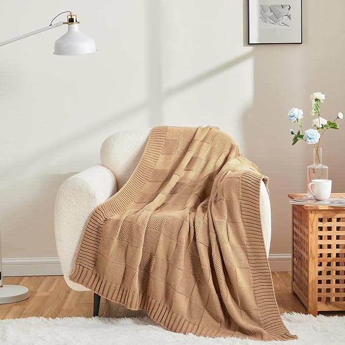 CozeCube Check Knit Throw Blanket, Beige Checkered Throw for Couch, Decorative Christmas Soft Cozy Warm Knitted Blanket for Bed Sofa Living Room, 50"X60"