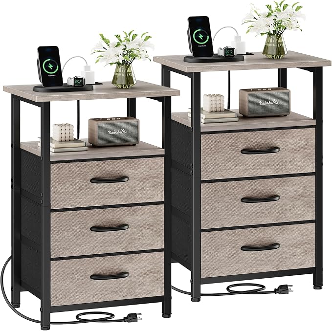 Nightstand Set of 2 with Charging Station, Bedside Table with USB Ports and by Vagusicc