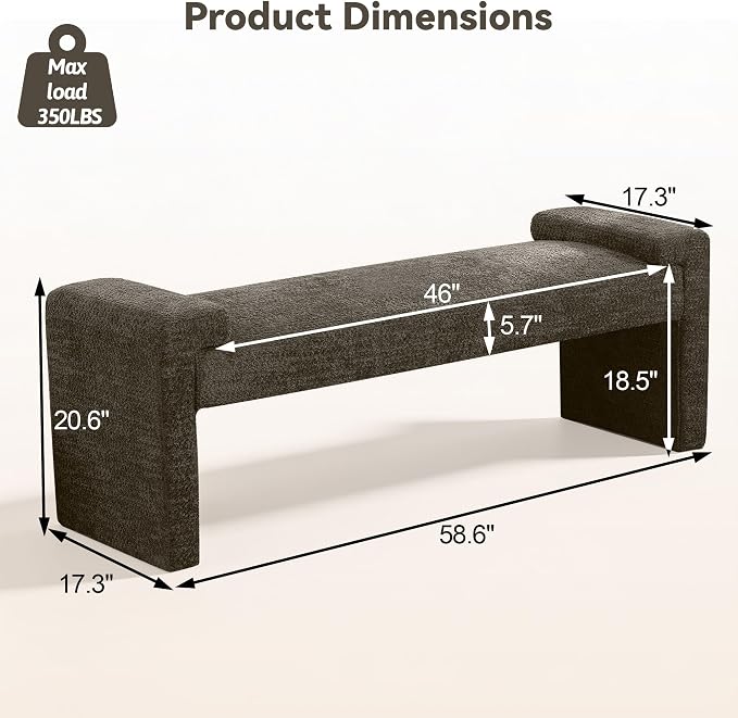 Upholstered Entryway Bench, 58.7" Modern Bedroom Bench, Curved Armrests - Image 2
