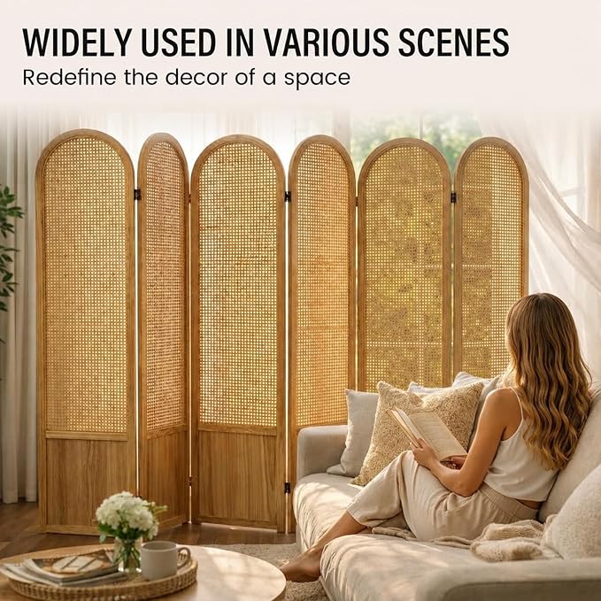 6 Panel Rattan Room Divider Screen, Boho Folding Privacy Screen | Decorative - Image 6
