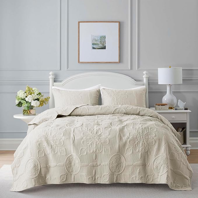 Light Beige Damask Quilt California Cal King Size Bedding Sets by B2EVER