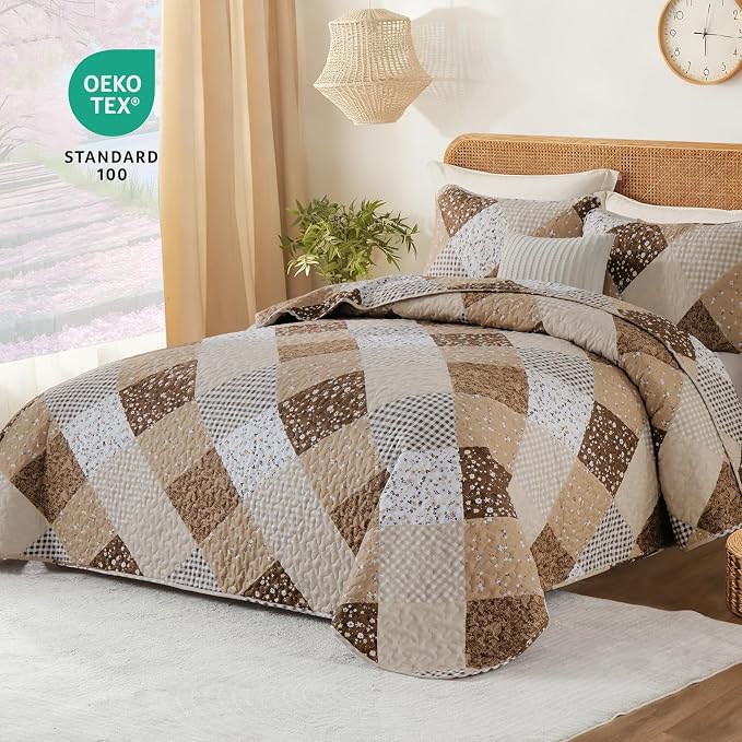 Dinjoy Brown Quilt Set Full Size, Reversible Patchwork Floral Bedspreads | Soft - Image 2