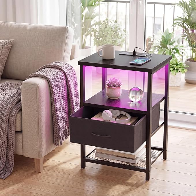 Fixwal Night Stand with Charging Station, 1 Drawer | fabric drawer, built-in - Image 7