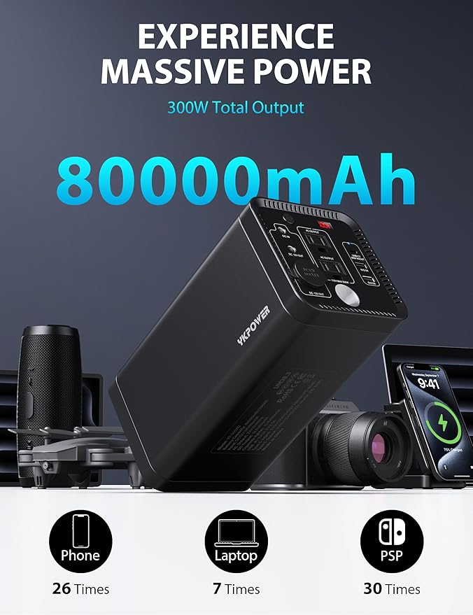 YKPOWER Power Station 80000mAh,Solar Generator with 300W AC Outlet,296Wh Lithium Battery Portable Power Station with 8 Port Power Bank for home use,RV,Outdoor,Camping