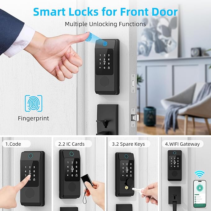 Miuedo WiFi Smart Locks for Front Door with Handle Sets, Keyless Entry Door Lock Fingerprint Deadbolt, Electronic Digital Touchscreen keypad, App Control, Easy to Install (Black)