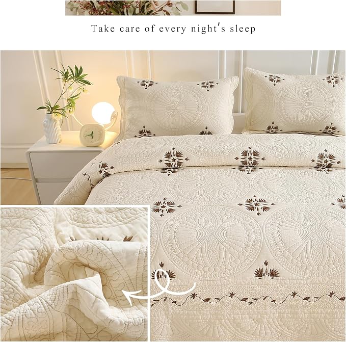 ROOMLIFE Quilt Set King Beige 3D Floral Embroidery Pattern 3-Piece Cotton | - Image 7