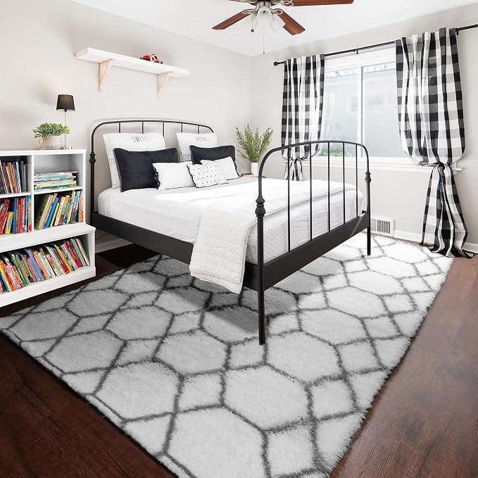 Area Rugs for Living Room, 5x8 Fluffy White and Grey Rug for Bedroom, Geometric - Image 6