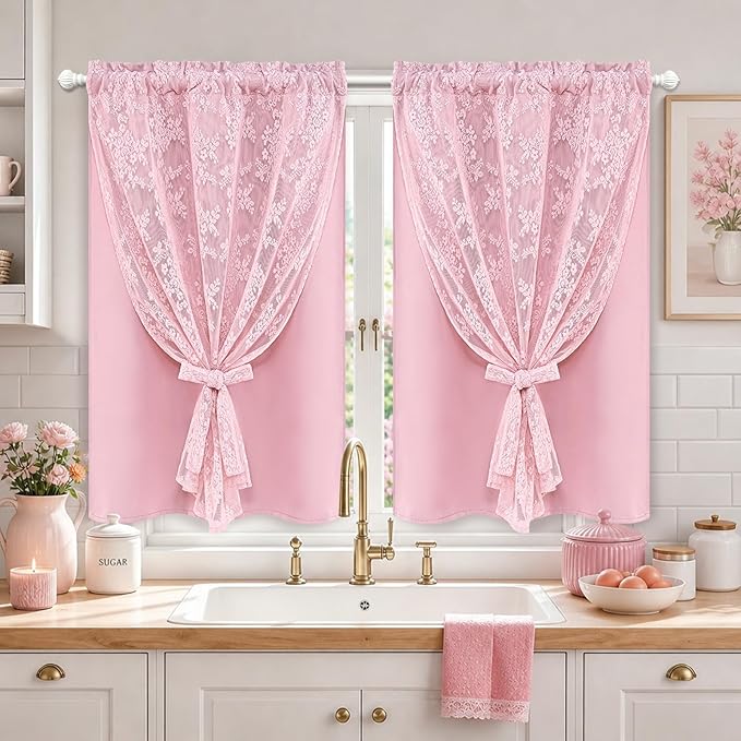 Yinhua Pink Kitchen Curtains 36 Inch Length Double Layer Blackout Curtains by yinhua
