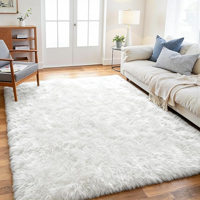 4x6 Fluffy Area Rug for Living Room: Soft Non-Slip White Bedroom Carpet | Ultra - Image 2