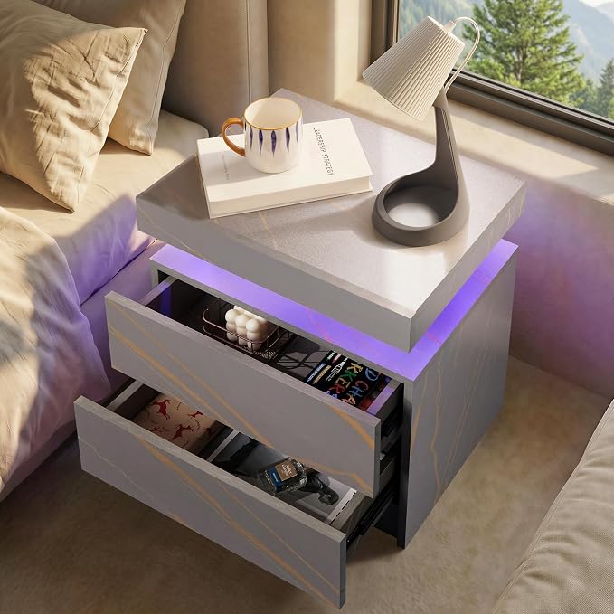 LED Nightstand with Wood 2 Drawers Modern Bedside Table - Image 4