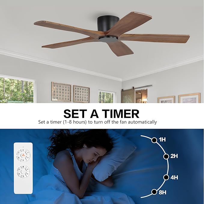 WINGBO 54" Flush Mount DC Ceiling Fans without Lights, 5 Carved Solid Wood Blades, 6-Speed Reversible DC Motor, Low Profile Hugger Ceiling Fan No Lights for Living Room Bedroom Patio, Black and Walnut