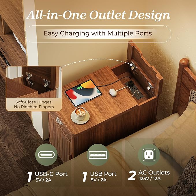 Huuger Narrow End Table with Charging Station, USB-C Port | Fluted Nightstand - Image 4