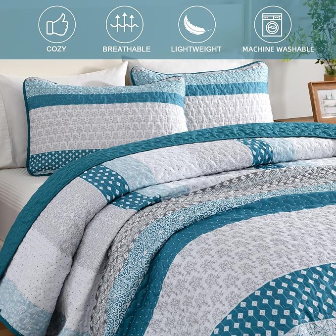 WONGS BEDDING Teal Blue King Size 3-Piece Quilt Set, Boho Stripe Bedspread | - Image 6