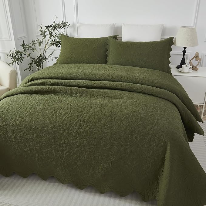 Brandream Olive Green Floral Vine Cotton Quilt Set King Size Luxury Scalloped - Image 4