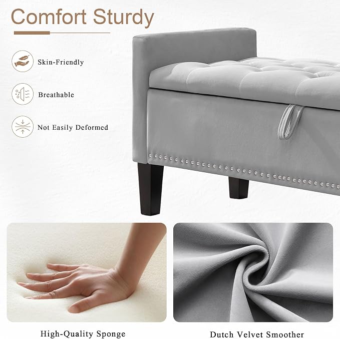 51" Storage Ottoman Bench, Velvet Large End of Bed Bench - Image 5