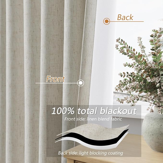 100% Blackout Linen Curtains for Bedroom 96 inches Long, Thermal Insulated Room - Image 4