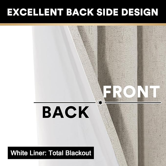 PrinceDeco 100% Blackout Curtains 108 Inches Long 2 Panels Set Black Out Linen Curtains for Bedroom Living Room Thermal Insulated with White Liner Extra Long Curtains for Windows(52x108 inch,Stone)