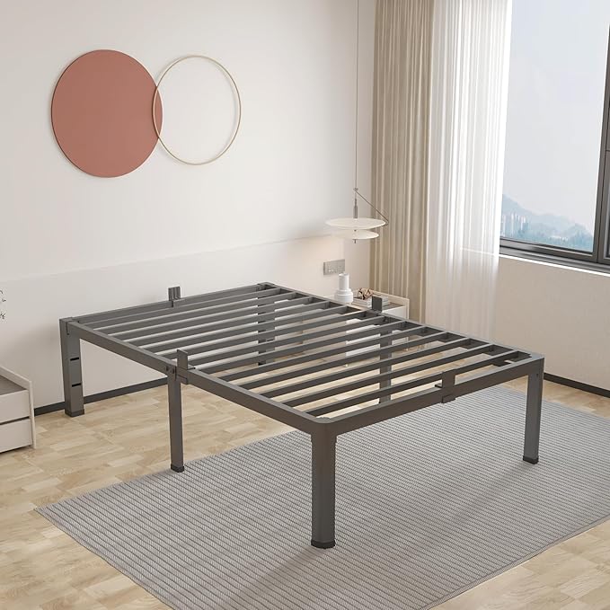 ROIL 16 Inch Twin XL Bed Frame with Rounded Corner and Headboard Hole Mattress Retainers 3500LBS Metal Heavy Duty Steel Slats No Box Spring Needed Platform Noise-Free Easy Assembly