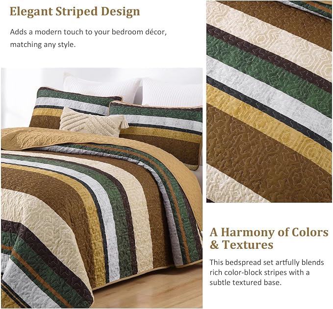 Dobuyly Queen Stripe Quilt Bedding Set, Boho Brown Lightweight Bedspread | - Image 5