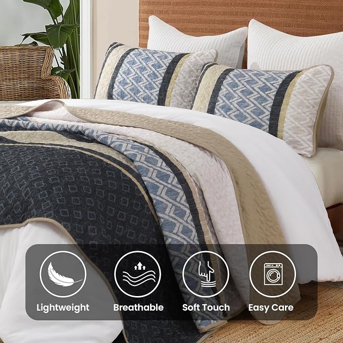 Dinjoy King Size Boho Quilt Set, Soft Striped Bedspreads, 3 Pieces Lightweight - Image 8