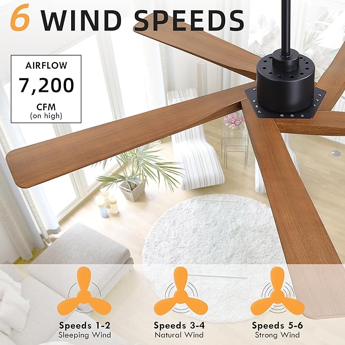 WINGBO 64" ABS DC Ceiling Fan No Light, 5 Blade ABS Plastic Ceiling Fan with Remote, 6-Speed Reversible DC Motor, Ceiling Fans without Light for Kitchen Bedroom Living Room, Matte Black and Walnut