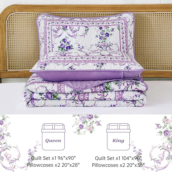 Anibedding Purple Queen Quilt Set, 3 Pieces Floral Pattern Quilts Bedspread | - Image 5