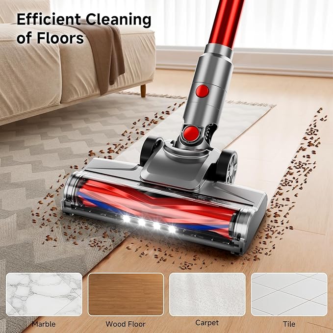 Cordless Vacuum Cleaner, 35Kpa Vacuum Cleaner for Home, 45Mins Stick Vacuum with LED Display, Anti-Tangle & Wall Mount Charging, 6 in 1 Lightweight Vacuum for Hard Floors, Carpet, Pet Hair (red)