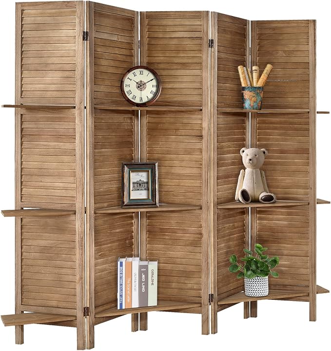 Room Divider with Shelves, 5 Panel Brown Privacy Screen | Partition Room - Image 7