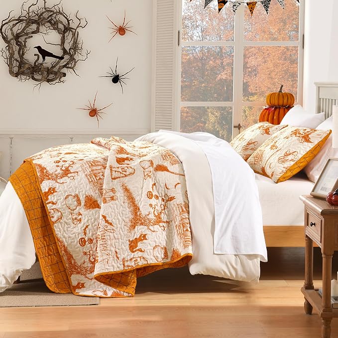 WONGS BEDDING King Pumpkin Castle Quilt Set, Halloween Bedspread Bedding | - Image 3