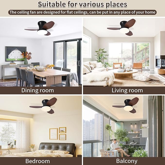 Glowall Small Ceiling Fan with Lights and Remote, 25 Inch Flush Mount, Reversible Quiet DC Motor, 3 Blades, 6 Wind Speeds, Dimmable LED, Adjustable Color Temperature, Timer