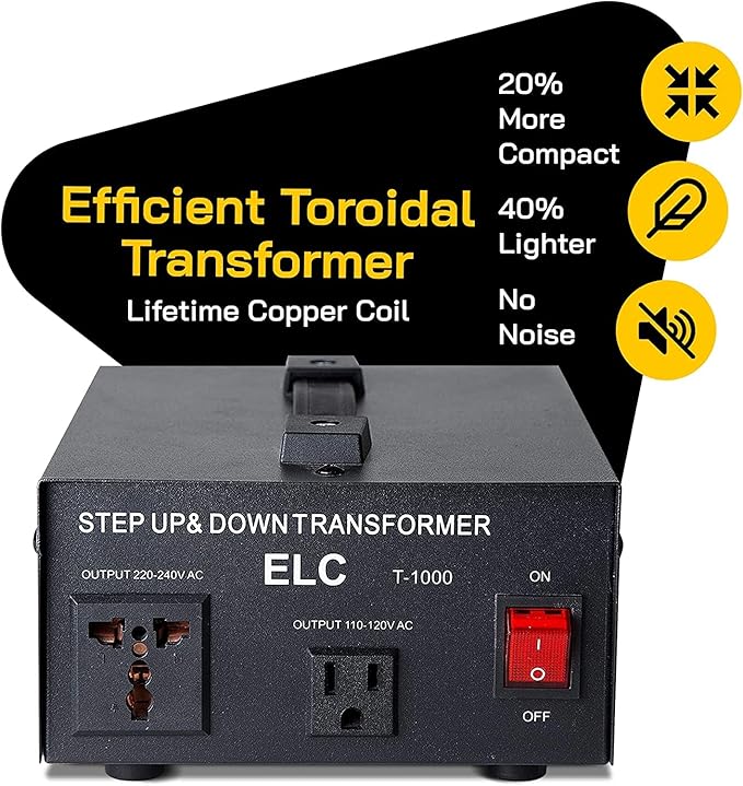 ELC T Series 1000+ Watt Voltage Converter Transformer - Step Up/Down - 110v to 220v / 220v to 110v Power Converter - Circuit Breaker Protection, CE Certified [3-Years Warranty]