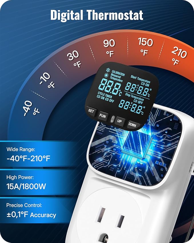 WILAWELS Digital Temperature Controller Outlet, 15A/1800W Heavy Duty Thermostat Plug, VA LCD Display, Heating/Cooling Control, -40°F~210°F, 4 Timer Modes, for Greenhouse Incubator Homebrew W01TC06