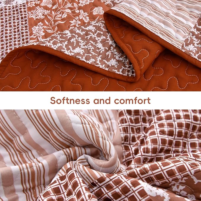 Mybedsoul Burnt Orange Quilt Set Queen Size, 3 Pieces Boho Plaid Terracotta - Image 4