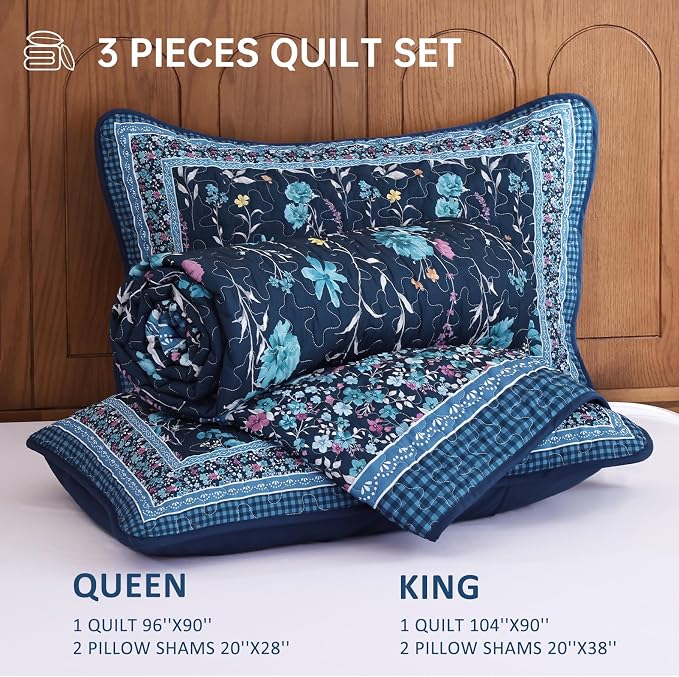 WONGS BEDDING Floral Quilts Set Queen, Microfiber Lightweight Farmhouse Bed - Image 7
