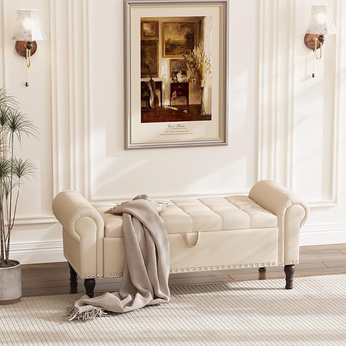 Apicizon 51” Bench with Storage, Faux Leather Ottoman Bench with Rolled Arm & - Image 8