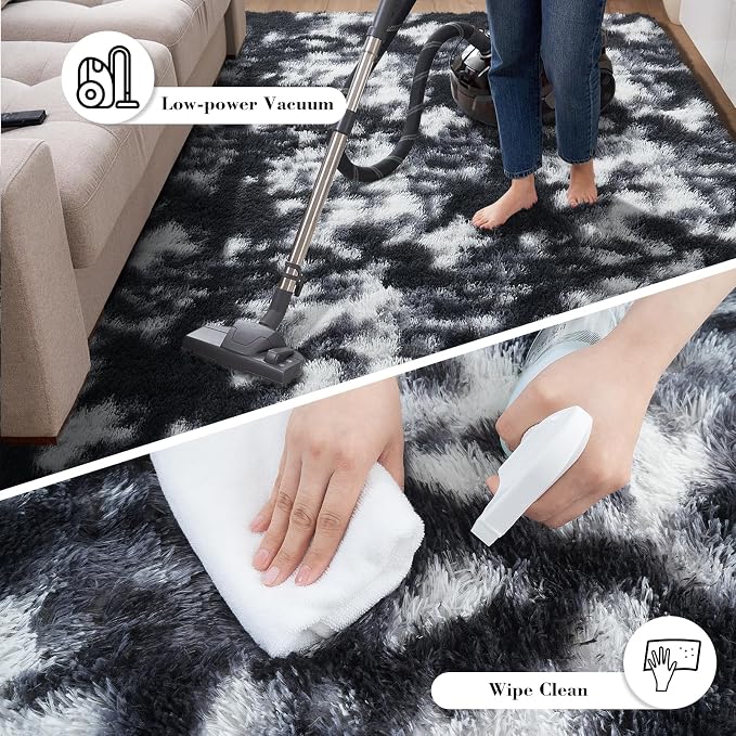 Mottled Black 6x9 Area Rugs for Living Room, Fluffy Shag Rug Large Carpet | - Image 7