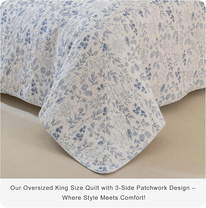 QSH Oversized King Quilt Bedspreads Set, 100% Cotton Blue & White Floral Leaves - Image 5