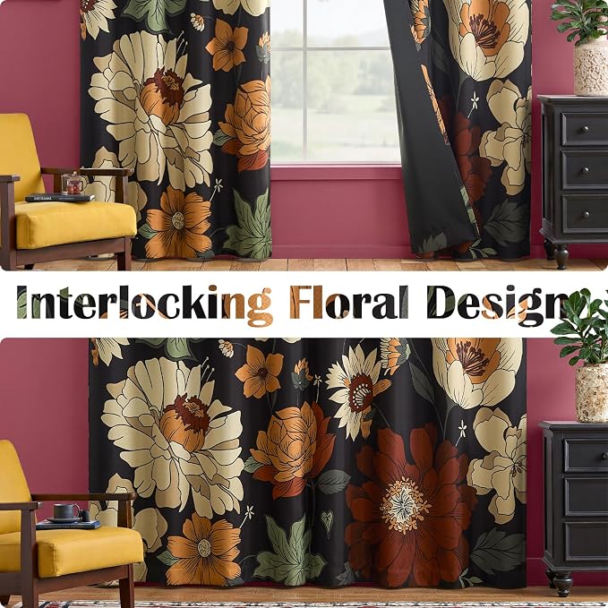 jinchan Black Boho Floral Blackout Curtains 90 Inch Grommet 2 Panels | Room - Image 5