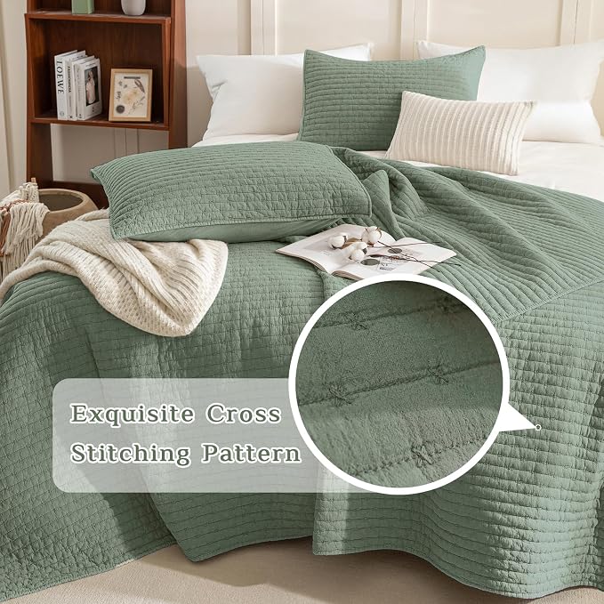 CozyTide Oversized King Quilt 128"x120", Stone-Washed Cotton Olive Green - Image 3