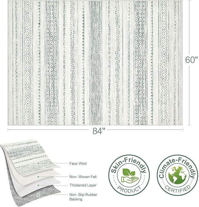 Nakagishi Boho 5x7 Area Rug Living Room Rugs Machine Washable Green | Soft - Image 9