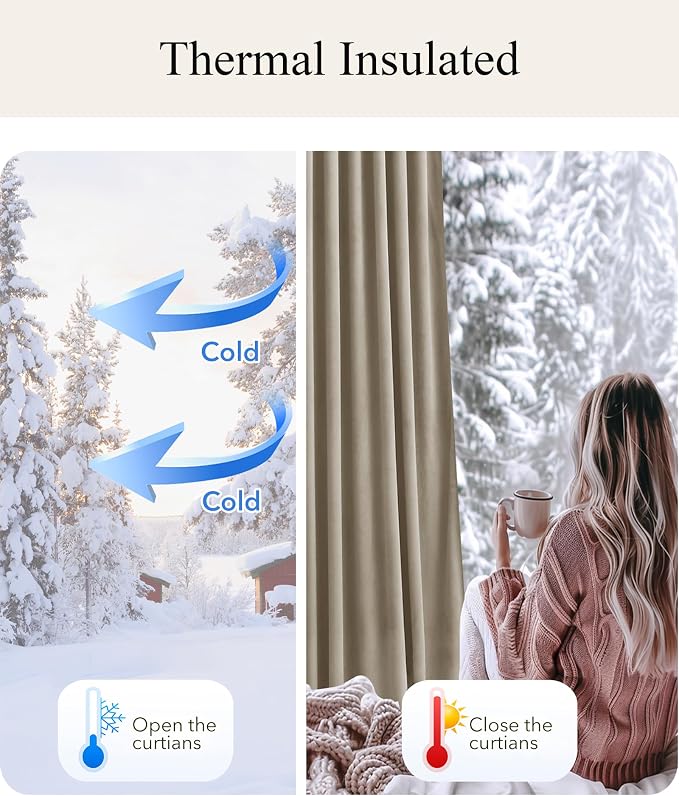 Beige Velvet Curtains for Sliding Door 108 inches, 2 Panels | Thermal Insulated - Image 5