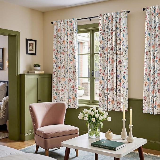 jinchan Beige Floral Blackout Curtains 63 Inch Back Tab 2 Panels Set | Room - Image 4