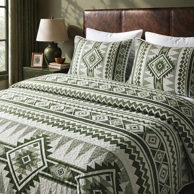 akkialla Reversible Green Boho Twin Quilt Set, 2-Piece Bohemian Aztec - Image 6