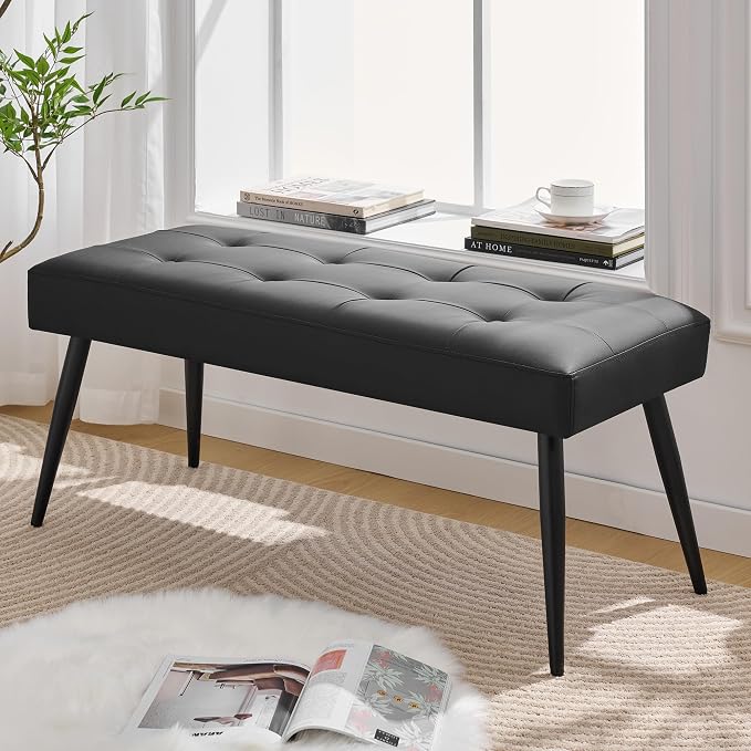 LOULENS Faux Leather Entryway Bench, Modern Upholstered Bench, Matte Black | - Image 5