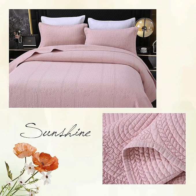 ROOMLIFE Quilt Set Queen Size 3D Floral Embroidery Pattern 3-Piece Cotton - Image 6