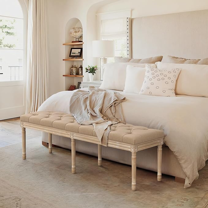 LUE BONA 60" Fabric End of Bed Bench, Upholstered Tufted French Bedroom Bench - Image 4