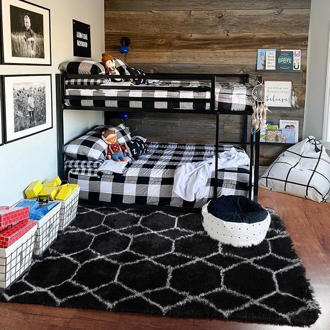 Area Rugs for Bedroom Living Room, Fluffy 4x6 Black and White Rug, Geometric - Image 8